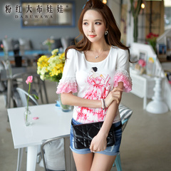 T-girl summer big pink doll 2015 new style blouses white printed chiffon sleeves slim fit t shirt