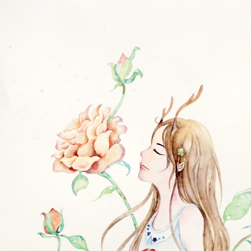 阿咪《鹿角女孩》水彩 家居装饰艺术品收藏