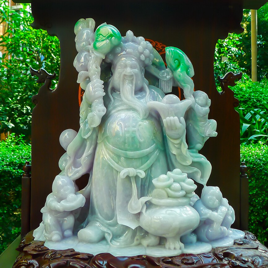 【八方来财】缅甸天然翡翠a货匠心精雕招财进宝~财神爷摆件8800g