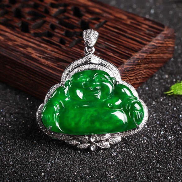 翡翠a货冰种满绿18k金伴钻石镶嵌佛公吊坠4.05克