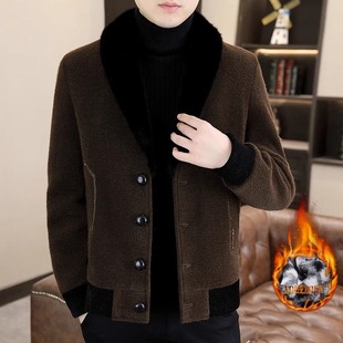 韩版加绒加厚夹克男冬季新款修身潮流西装领短款R毛呢休闲大衣外