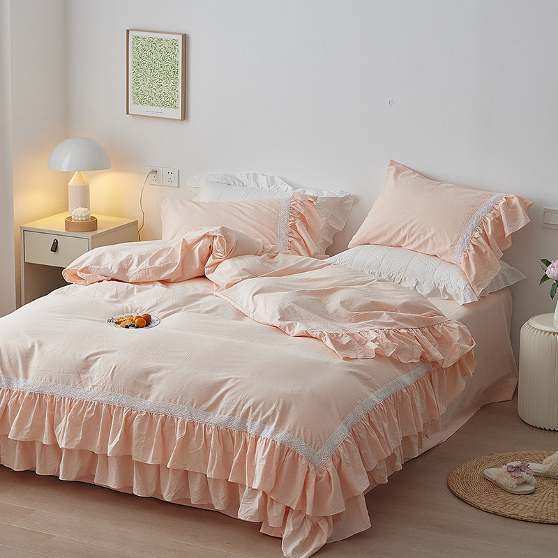 新品少女心60支水洗棉纯棉全棉四件套i纯色花边床单被套枕套床床品