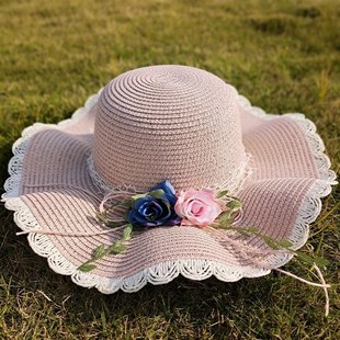 速发草帽女玫瑰花夏天帽子防晒遮阳帽折叠太阳帽田园风海边度假沙