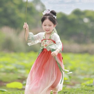 荷风微摆 高端女童汉服夏季短袖连衣裙国M风少女唐代襦裙中国传统