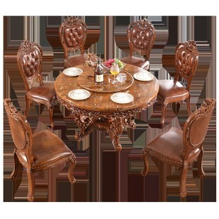 速发美式仿古欧式餐桌实木圆桌大理石餐桌椅组合2米饭桌子带转盘1
