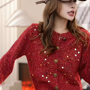 新年红色单排扣开衫毛衣女小个子秋冬亮片针织Q衫高级感短外套上