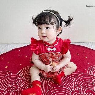 速发。周岁女宝礼服中式百天宝宝衣服夏季婴儿抓周礼服周岁宴红色