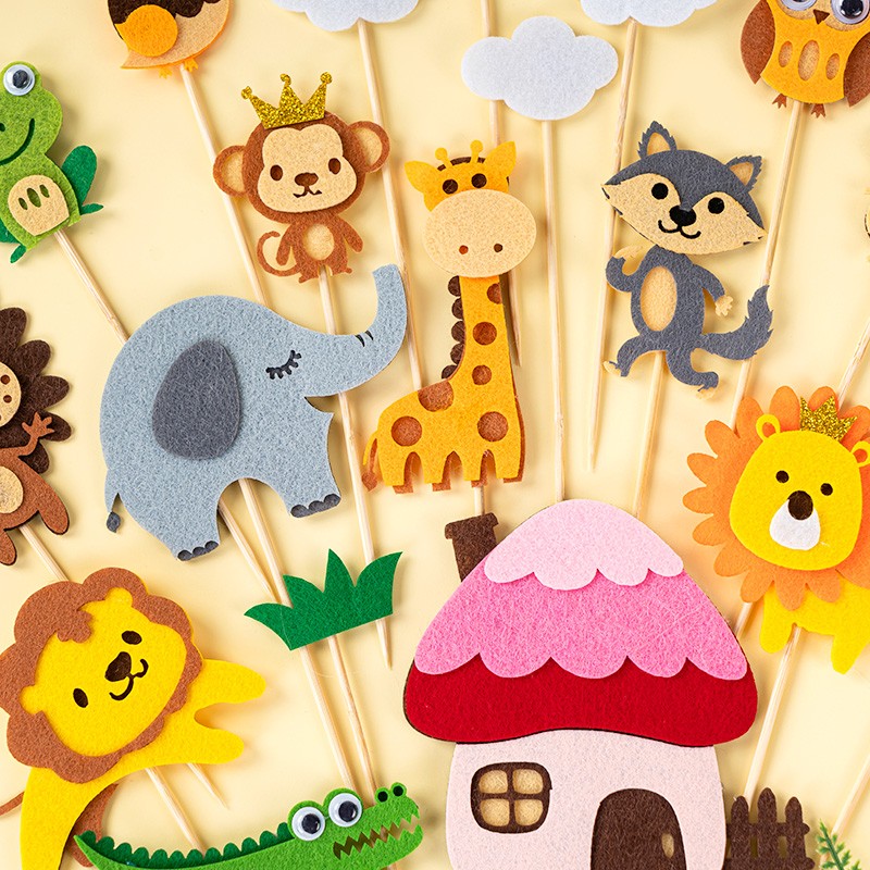 新品烘焙蛋糕装饰森系毛毡系列合集狮子小猴子动物派对甜品台插牌