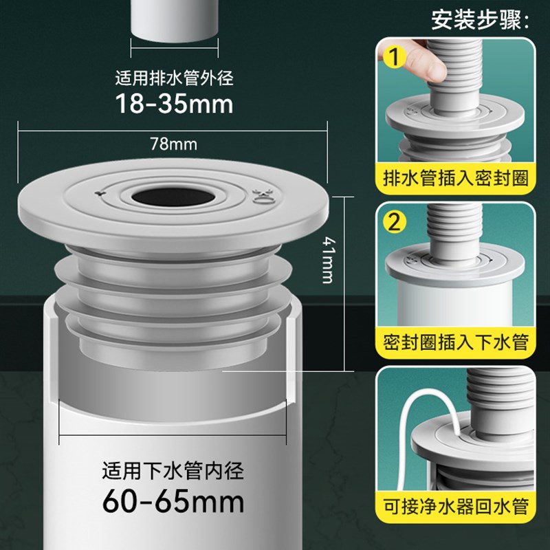 下水管道防臭密封圈硅胶塞洗衣机厨房洗手盆堵口排水管防返臭神器