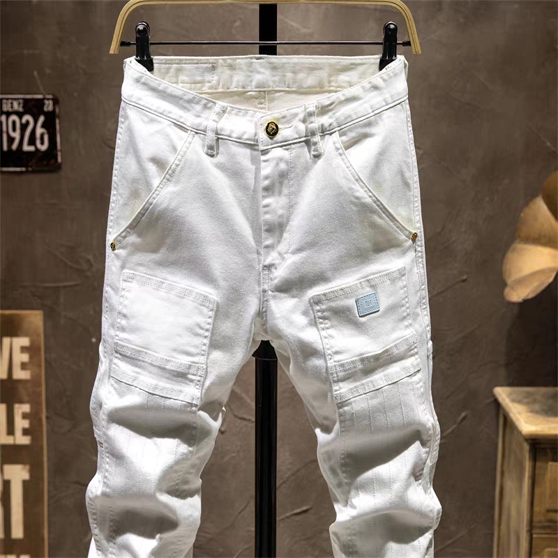 香港潮牌白色牛仔裤男p夏季薄款修身小脚弹力个性斜口袋休闲长裤