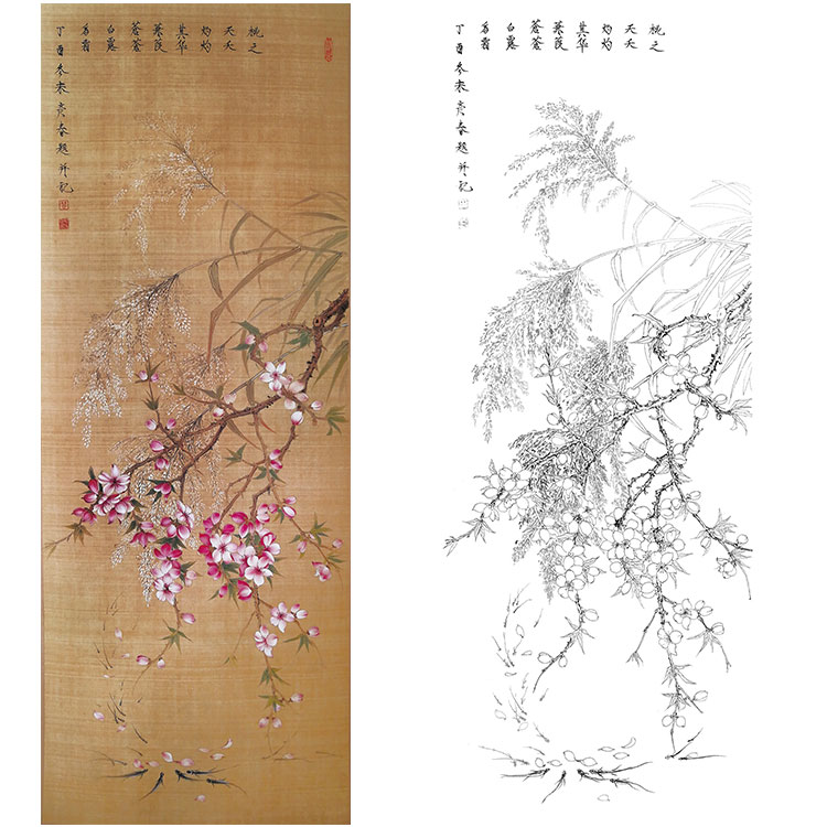 工笔画白描底稿桃花楚彦春复古风花线勾F鸟实物打印稿尺寸C选可Y0