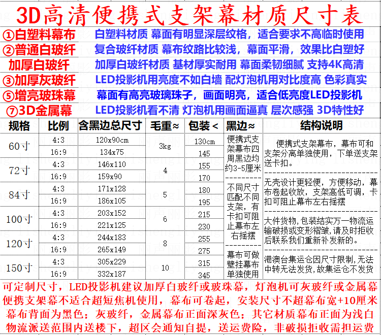 3D高清投影幕布支架幕布投影家用投影布家用投影仪布幕Z布家用挂