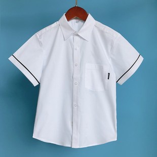 男童白衬衫短f袖口黑边纯棉夏装半袖上衣中大童小学生校服白色衬