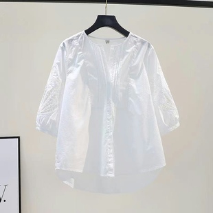 纯棉白色衬衫女夏季薄款2023年新D款宽松镂空设计感小众七分袖上