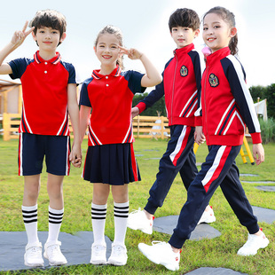 儿童校服套装小学生春秋季运动三件套夏款一年级短袖长裤班服红色