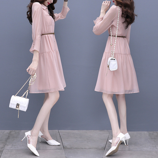 粉色衬衫连衣裙女2023年春季新款高级感收腰显瘦长袖别致气质裙子