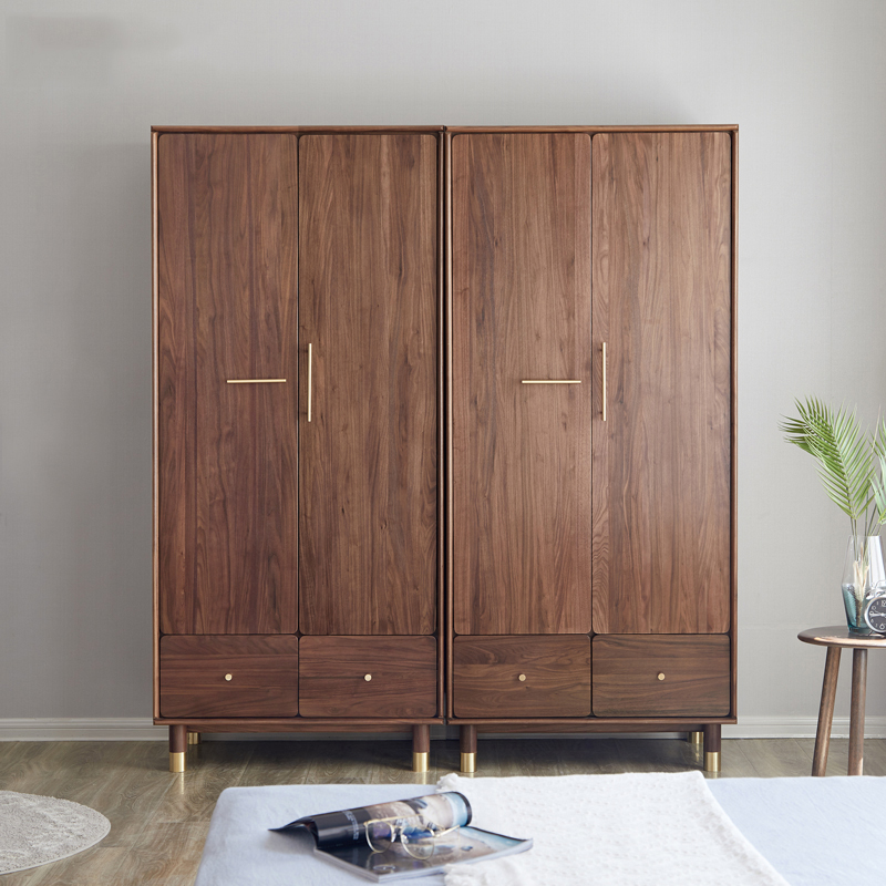 新品北欧全实木衣柜黑胡桃原木对开门组合柜n简约现代小户型衣橱