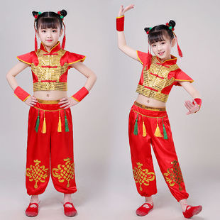 六一儿童演出服喜庆打鼓服盛世欢腾中国红秧歌舞蹈服女童扇子舞