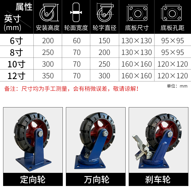 10寸超重d型铁芯橡胶脚轮载重1吨万向轮6寸8寸12寸推车轮子刹车轮