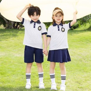 夏季条纹衫c英伦风学院短袖套装男童女童幼儿园园服小学生班服校