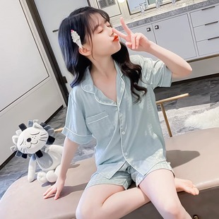 儿童冰丝睡衣夏季薄款短袖短裤女童空调服套装女孩家居服夏款真丝