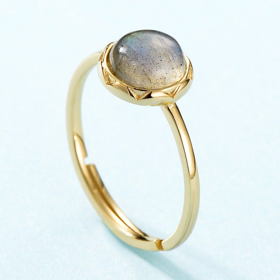 s925银日韩简约风天然非洲拉长石戒指女蓝光圆形几何戒指生日礼物