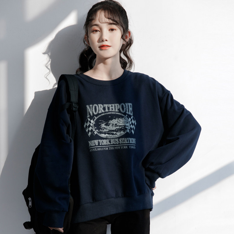 2022春季新款复古印花藏蓝色圆领卫衣女春秋韩版薄款套头无帽上衣