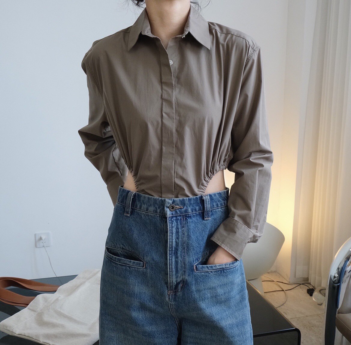 fankieshop 早秋新款时髦性感高衩连体衬衫翻领宽松显瘦长袖上衣