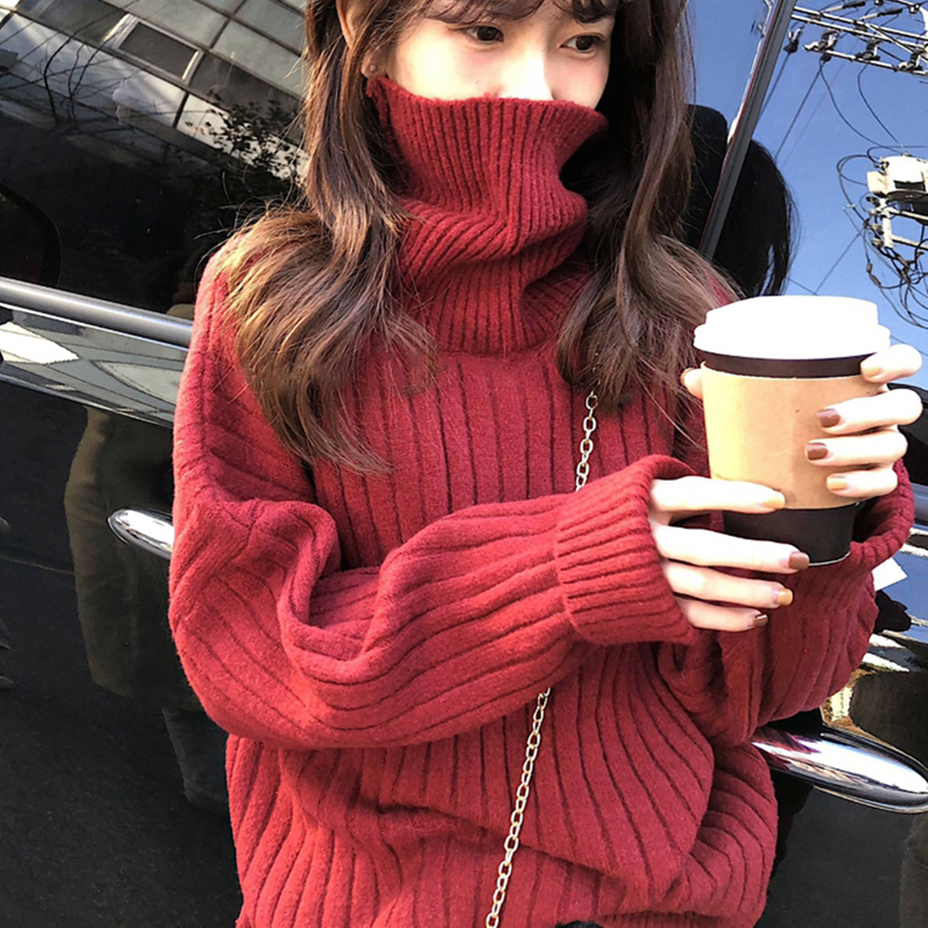 一折高领红色毛衣女套头高端