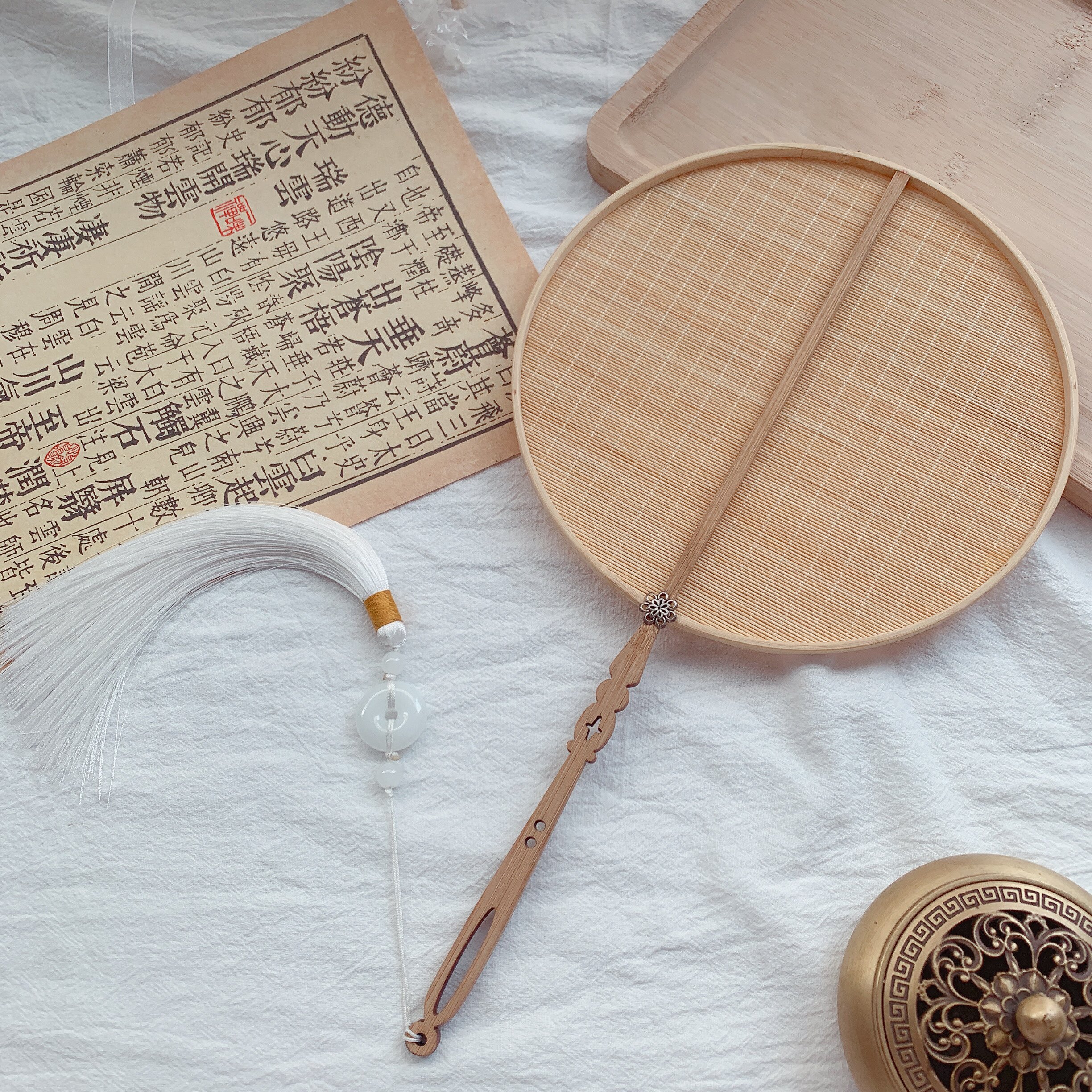 竹帘扇竹编汉服挡脸捉妖记同款复古风长柄团扇子手工摄影宫扇拍摄