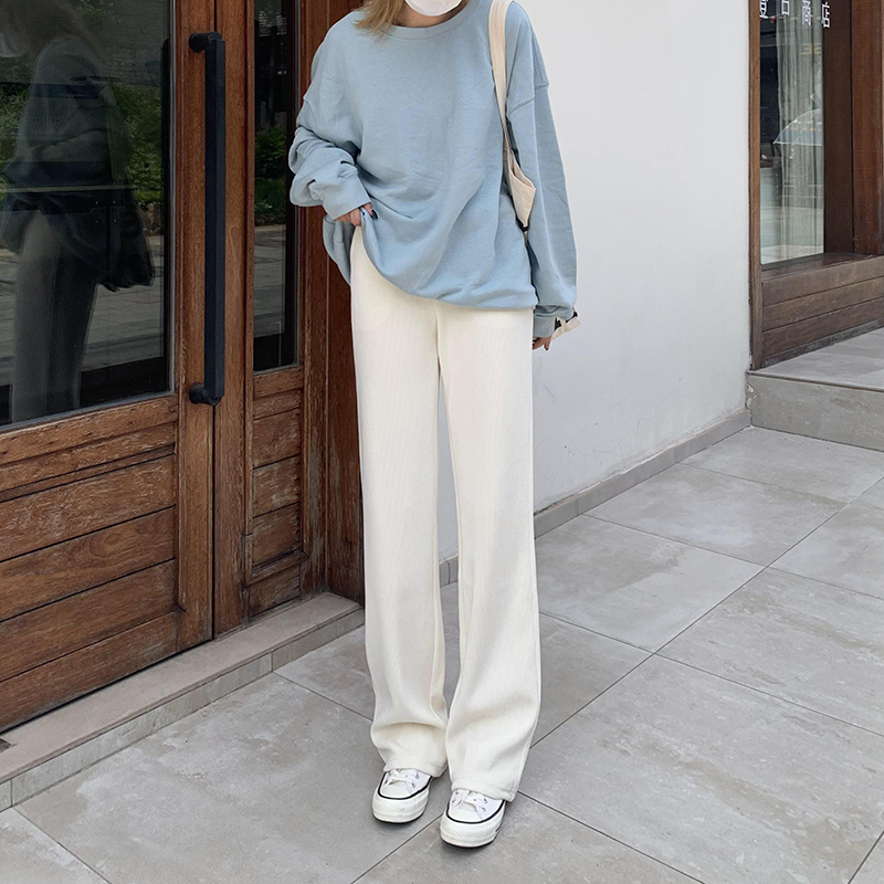 潮牌白色针织阔腿裤女秋冬高腰垂感加厚直筒宽松糯米拖地加绒裤子