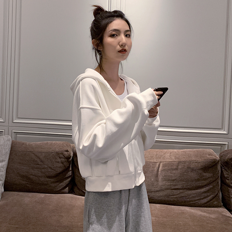 白色连帽卫衣女春秋薄款2022新款宽松短款上衣休闲开衫外套ins潮