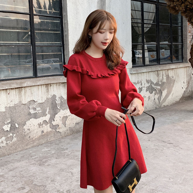 小个子法式小红裙年会礼服内搭打底红色针织连衣裙女秋冬毛衣裙子