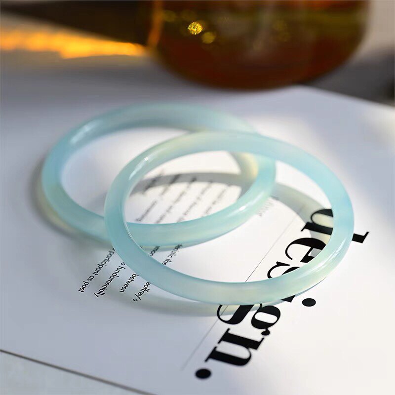 天然玉髓天青冻叮当镯玉石玛瑙冰种细圆条蓝冰透美人手镯子汉服