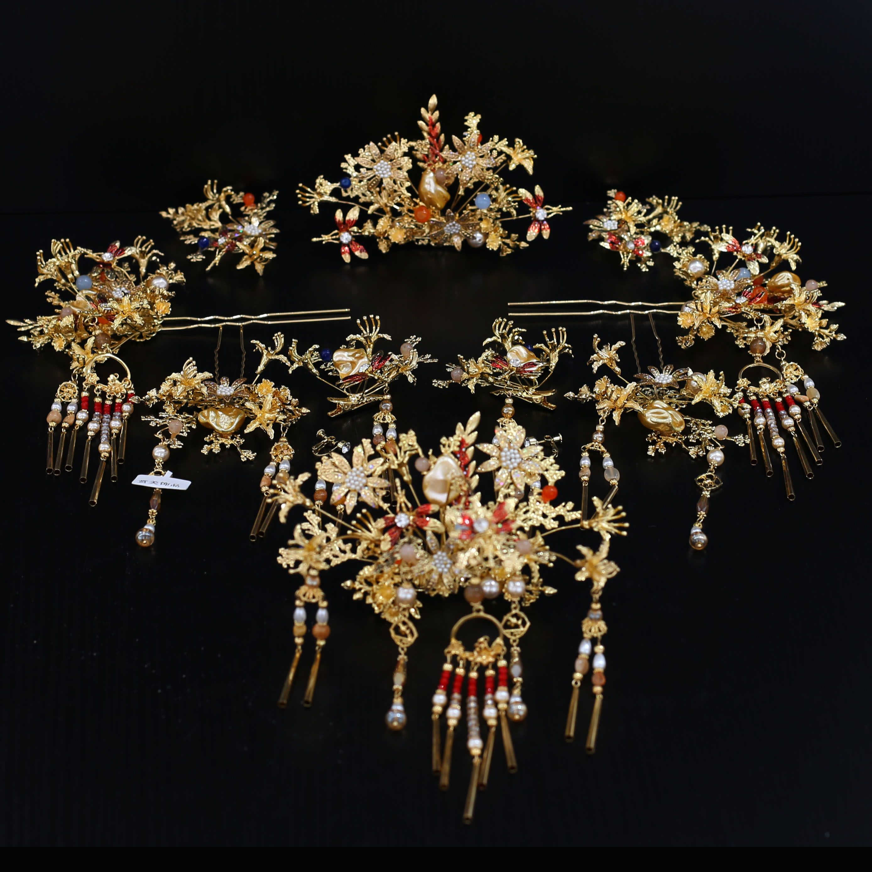 原创设计秀禾服合金簪子组合12件民族风奢华镀金凤冠耳环头饰套装