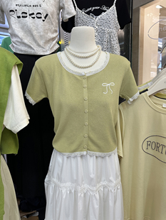 十三行新款韩版2024年夏季修身圆领拼蕾丝边减龄蝴蝶结短袖针织衫