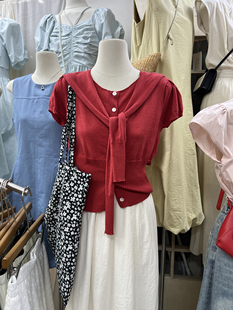 韩版夏季十三行净色简约短袖针织圆领单排扣开衫+百搭披肩套装女