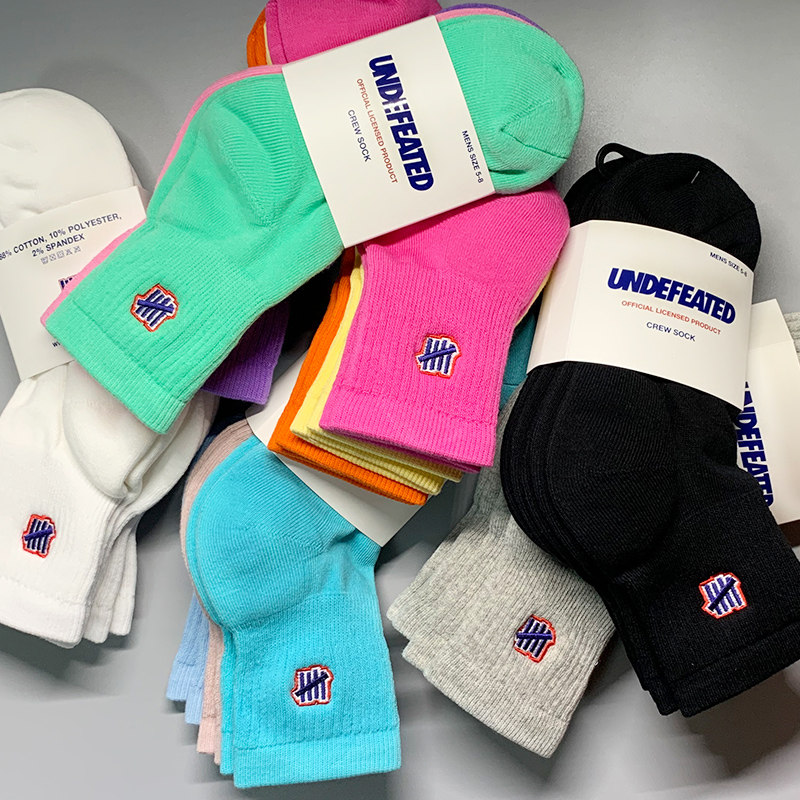 五道杠u-undefeated日版刺绣纯棉袜子男女中筒ins潮毛巾底运动袜