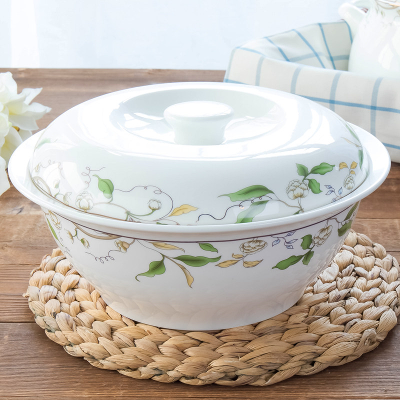 9英寸带盖圆形骨瓷汤盆品锅陶瓷餐具创意大号家用大碗汤碗可微波