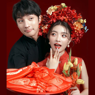 中式婚纱摄影红色簪花发箍古风汉服拍摄写真道具手工头饰民族风