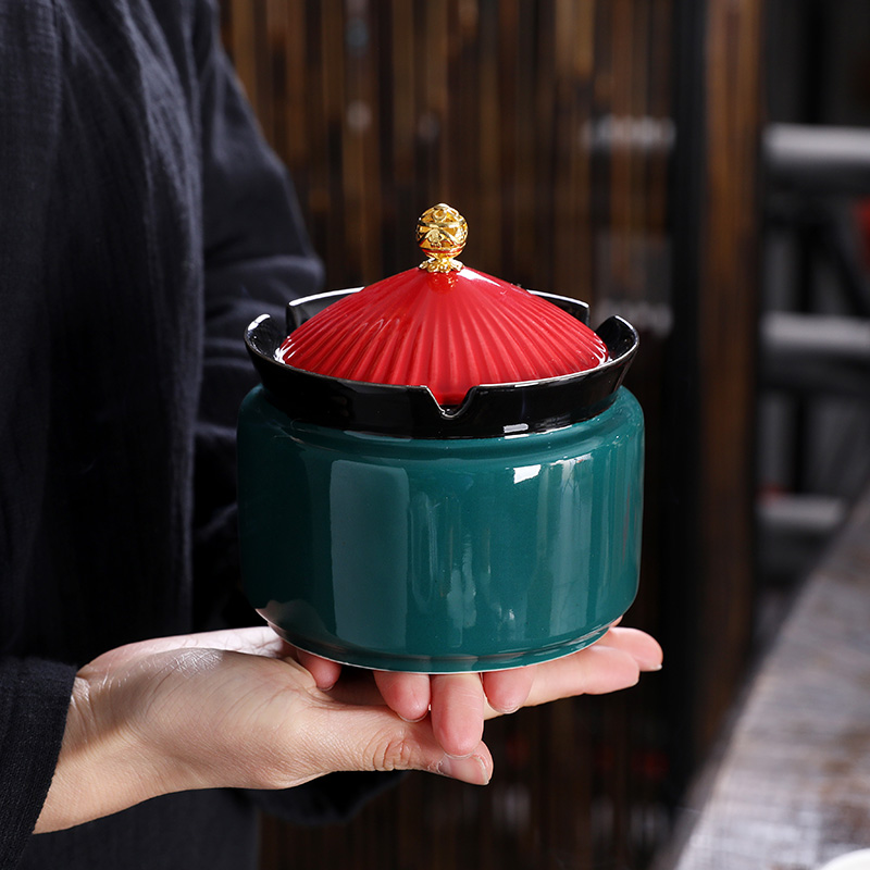 中式茶具配件陶瓷小烟灰缸带盖子防飞灰个性潮流创意酒店用品定制