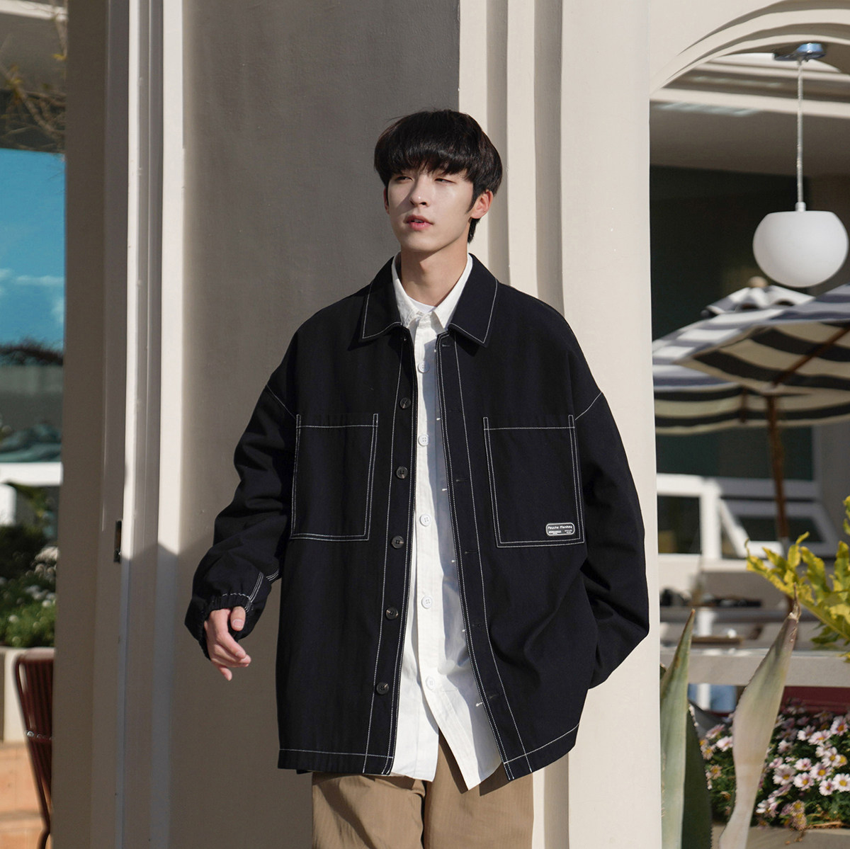 e春季新品男夹克衫缉明线工装风翻领百搭休闲贴标外套学生衣服潮