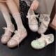 新中式银色芭蕾鞋2024夏季小白鞋蝴蝶结德训鞋女平底薄款透气鞋子