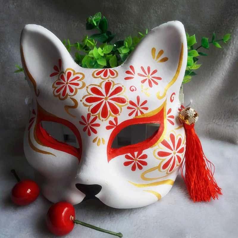 狐狸手绘日式和风面具粉色樱花面具狐狸半脸塑料面具漂亮猫脸面具