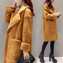 2016新款女装冬装韩版中长款棉衣西装领外套女驼色麂皮绒加厚大衣