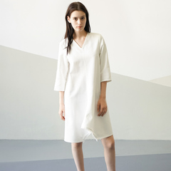 自觉原创2016新款时尚个性不规则纯白V 领连衣裙中长款宽松腰A字