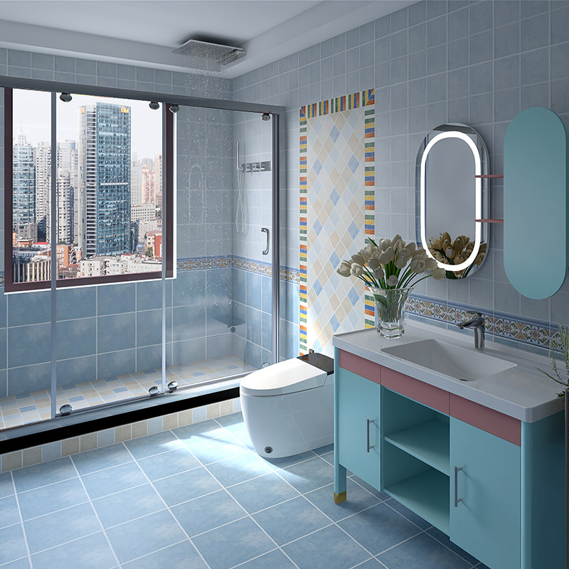 地中海蓝色卫生间地砖 厨房格子仿古砖 阳台浴室瓷砖 地爬墙 300