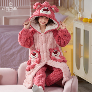 儿童法兰绒睡衣女童秋冬季长款套装加厚保暖中大童女孩珊瑚绒睡袍