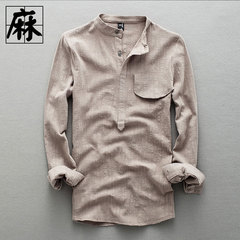 中国风男装亚麻衬衫立领长袖纯色薄款麻料文艺复古中长款棉麻衬衣