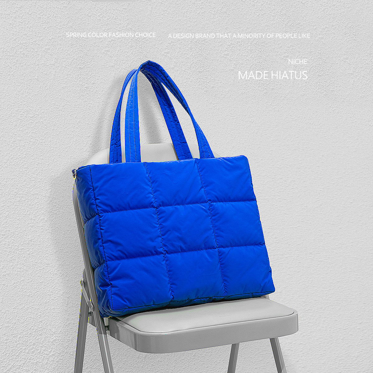 hiatus克莱因蓝轻便大容量托特包方格绣花简约电脑包百搭斜挎大